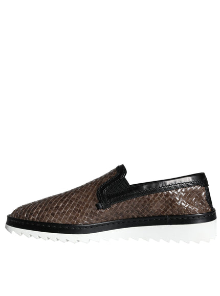 Dolce & Gabbana Brown Black Leather Weaved Men Loafers Shoes