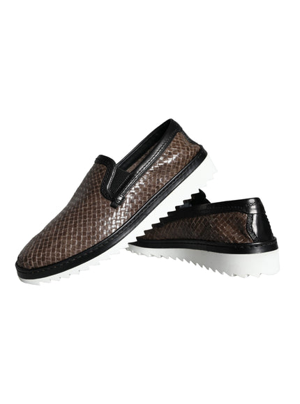 Dolce & Gabbana Brown Black Leather Weaved Men Loafers Shoes