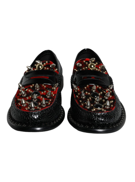 Dolce & Gabbana Black Leopard Print Studs Leather Loafers Shoes