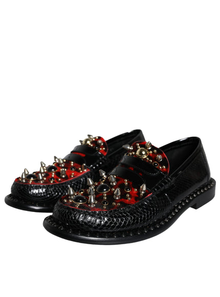 Dolce & Gabbana Black Leopard Print Studs Leather Loafers Shoes