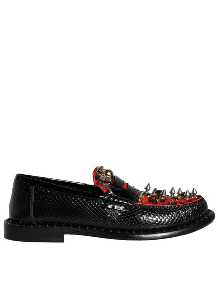 Dolce & Gabbana Black Leopard Print Studs Leather Loafers Shoes