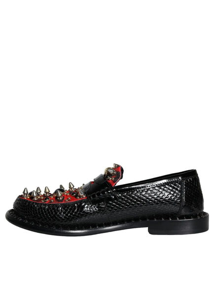 Dolce & Gabbana Black Leopard Print Studs Leather Loafers Shoes