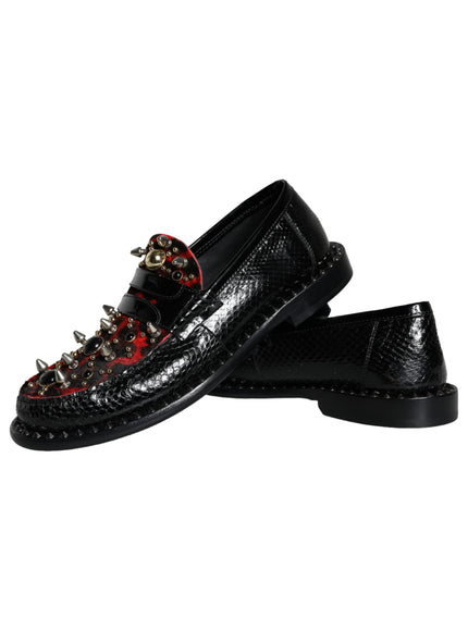 Dolce & Gabbana Black Leopard Print Studs Leather Loafers Shoes