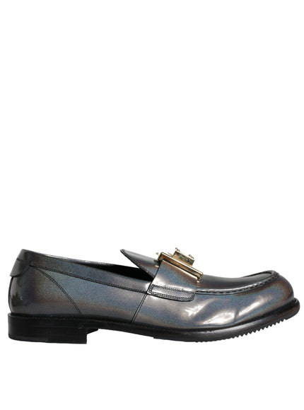 Dolce & Gabbana Silver Leather Logo Plaque Slip On Men Loafers Shoes