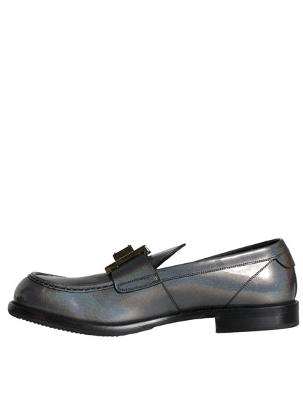 Dolce & Gabbana Silver Leather Logo Plaque Slip On Men Loafers Shoes