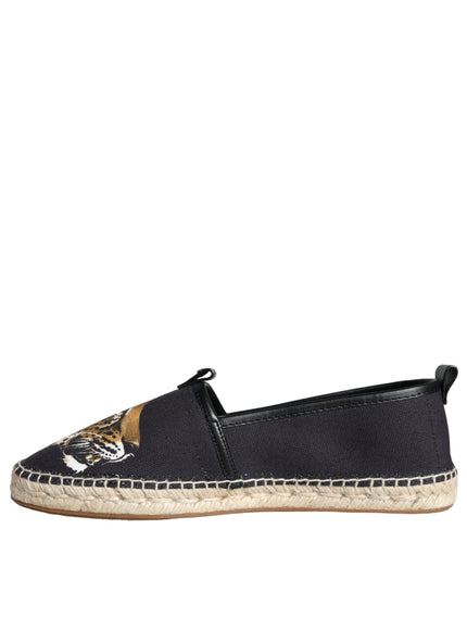 Dolce & Gabbana Black Cotton Leopard Slip On Espadrilles Shoes