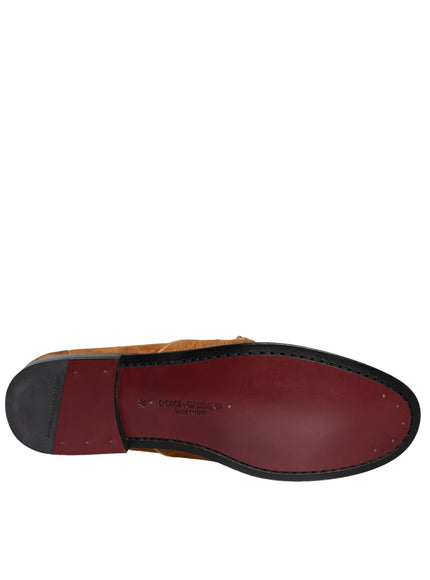 Dolce & Gabbana Brown Velvet Leather Logo Mocassin Slip On Shoes