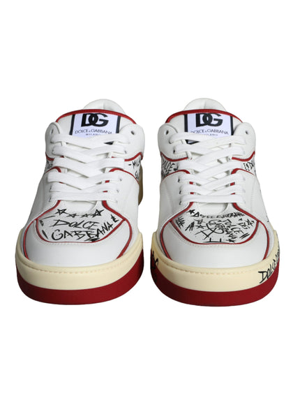 Dolce & Gabbana Red White Printed Leather Low Top Men Sneakers Shoes