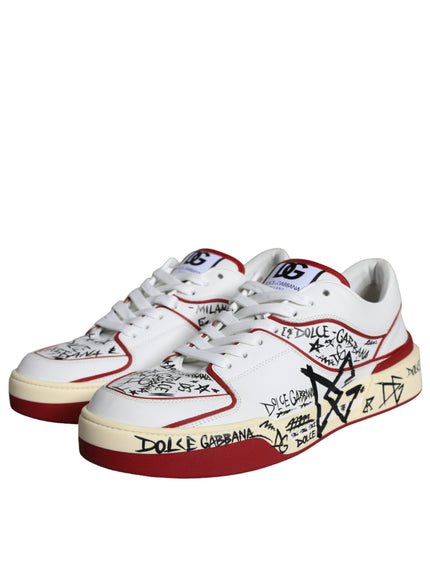 Dolce & Gabbana Red White Printed Leather Low Top Men Sneakers Shoes