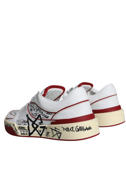 Dolce & Gabbana Red White Printed Leather Low Top Men Sneakers Shoes