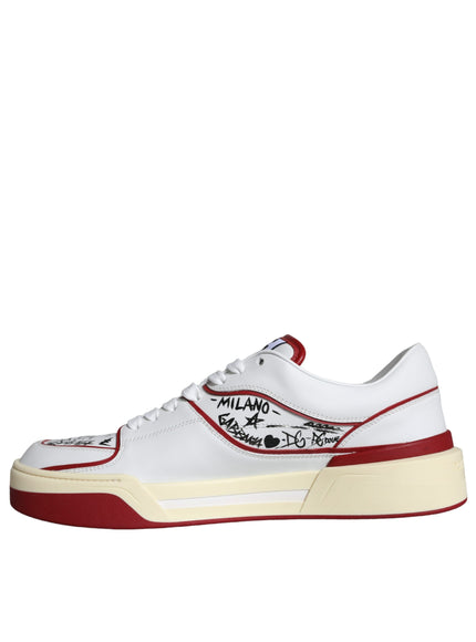 Dolce & Gabbana Red White Printed Leather Low Top Men Sneakers Shoes