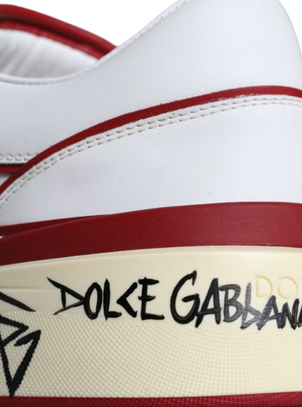 Dolce & Gabbana Red White Printed Leather Low Top Men Sneakers Shoes