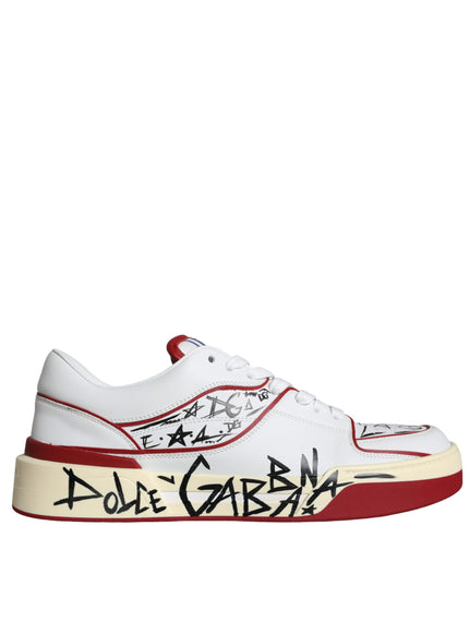 Dolce & Gabbana Red White Printed Leather Low Top Men Sneakers Shoes