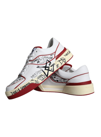 Dolce & Gabbana Red White Printed Leather Low Top Men Sneakers Shoes