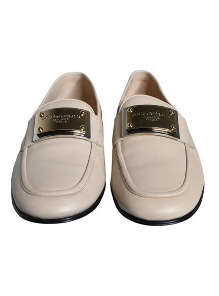 Dolce & Gabbana Beige Leather Logo Plaque Slip On Men Loafers Shoes