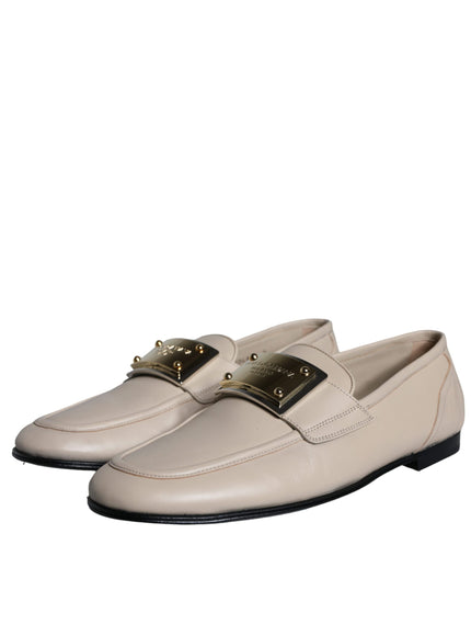 Dolce & Gabbana Beige Leather Logo Plaque Slip On Men Loafers Shoes