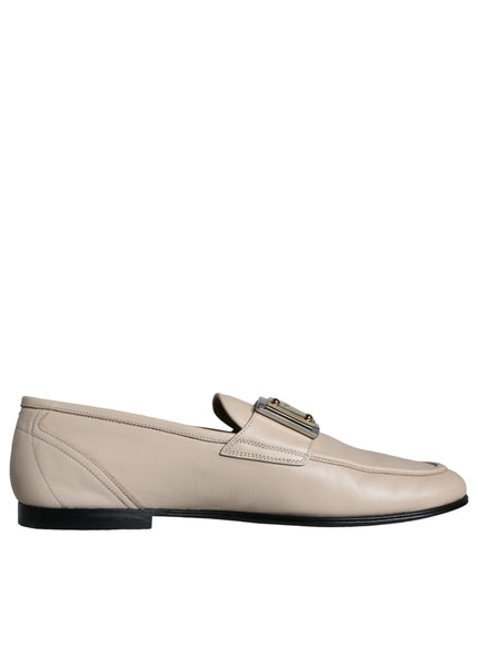 Dolce & Gabbana Beige Leather Logo Plaque Slip On Men Loafers Shoes