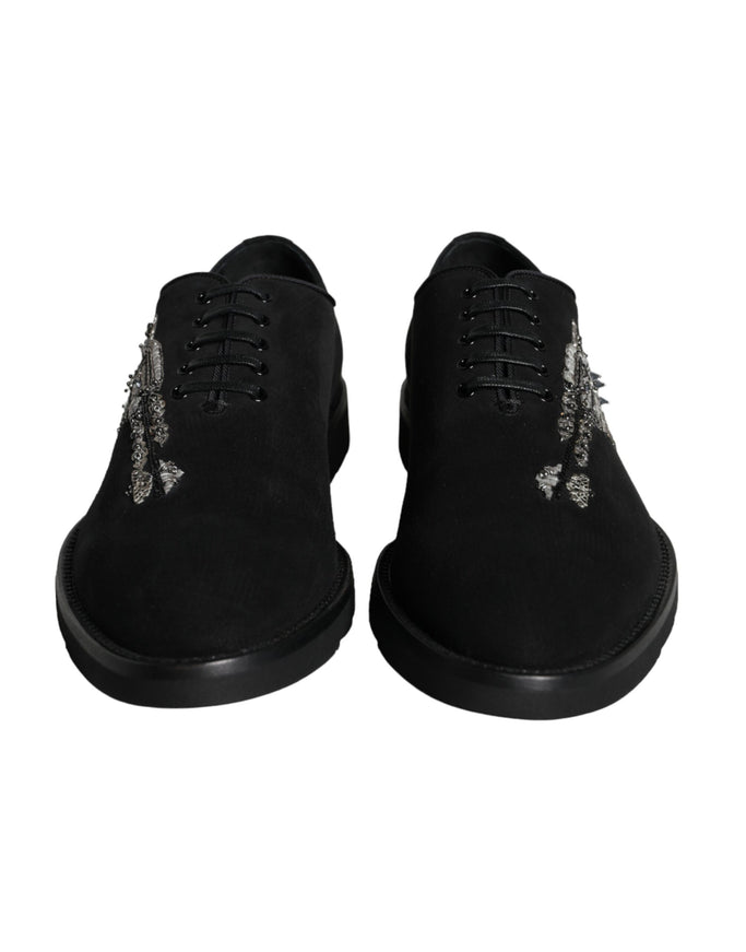 Front view of Dolce & Gabbana Sicilia black suede lace-up shoes