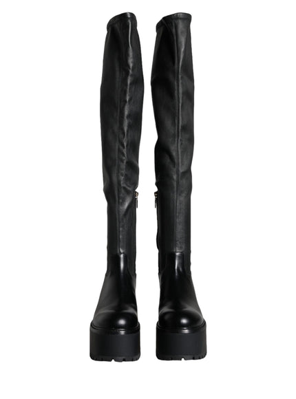 Dolce & Gabbana Black Leather Logo Knee High Boots Shoes