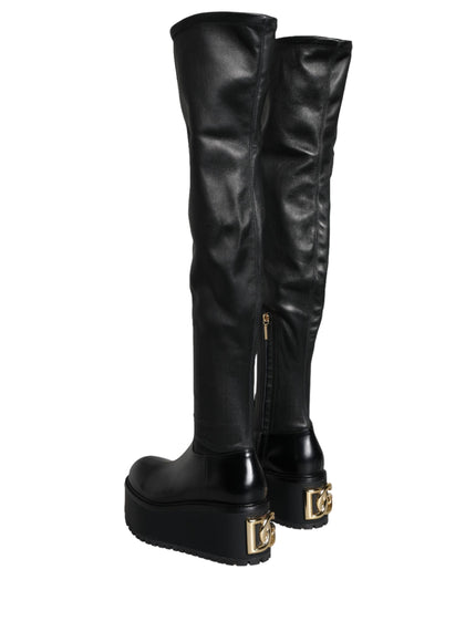 Dolce & Gabbana Black Leather Logo Knee High Boots Shoes