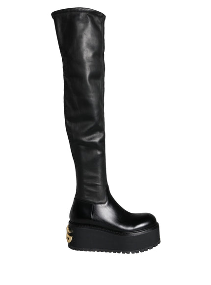 Dolce & Gabbana Black Leather Logo Knee High Boots Shoes