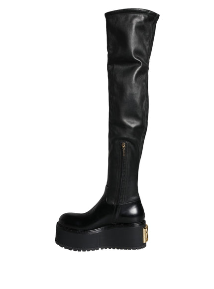 Dolce & Gabbana Black Leather Logo Knee High Boots Shoes