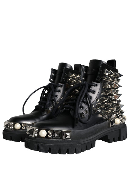 Dolce & Gabbana Black Leather Studs Embellished Combat Boots Shoes