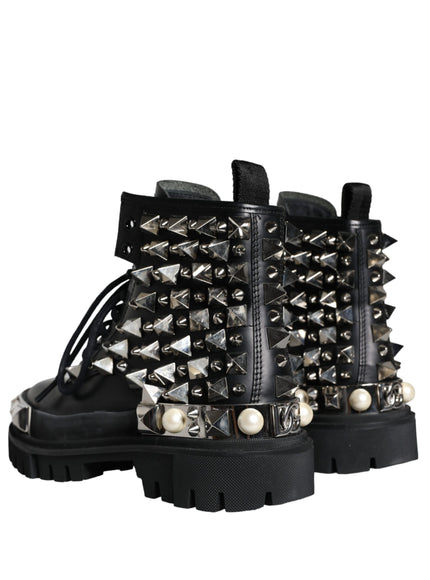 Dolce & Gabbana Black Leather Studs Embellished Combat Boots Shoes