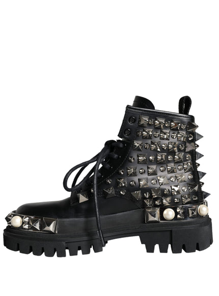 Dolce & Gabbana Black Leather Studs Embellished Combat Boots Shoes