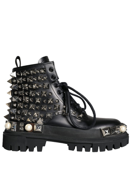 Dolce & Gabbana Black Leather Studs Embellished Combat Boots Shoes