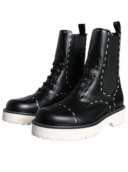 Dolce & Gabbana Black Leather Combat Mid Calf Boots Shoes