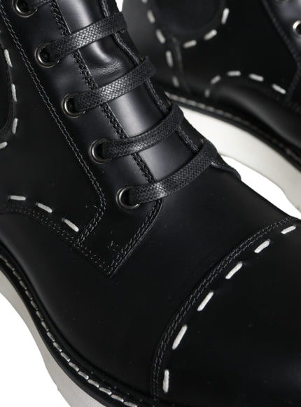 Dolce & Gabbana Black Leather Combat Mid Calf Boots Shoes