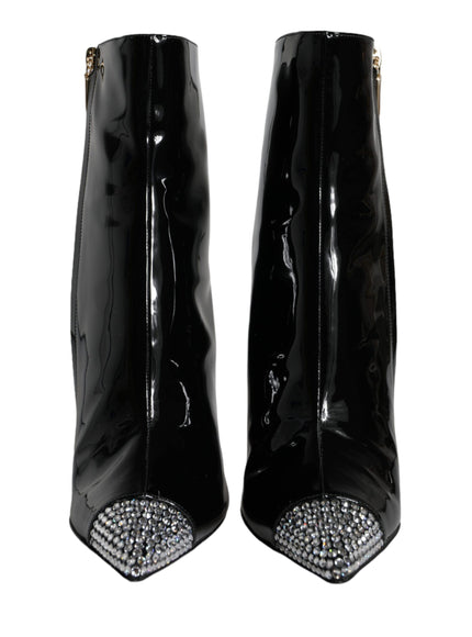 Dolce & Gabbana Black Patent Leather Crystal Heel Boots Shoes