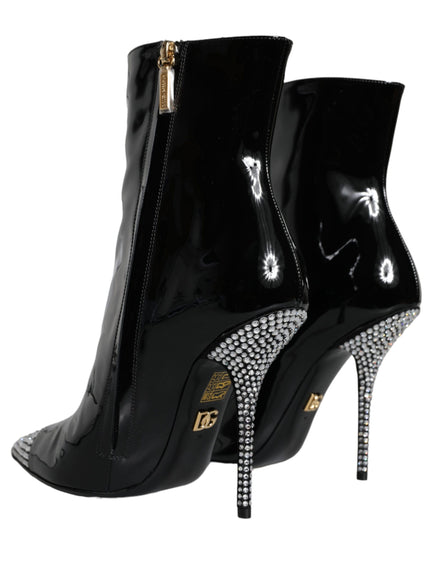 Dolce & Gabbana Black Patent Leather Crystal Heel Boots Shoes