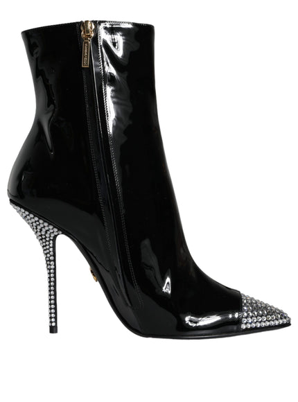 Dolce & Gabbana Black Patent Leather Crystal Heel Boots Shoes