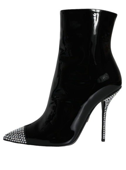 Dolce & Gabbana Black Patent Leather Crystal Heel Boots Shoes