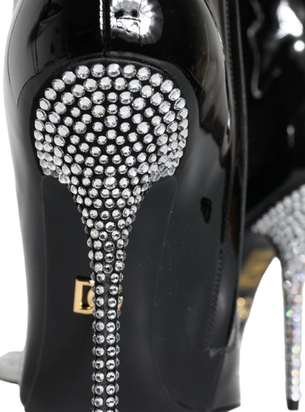 Dolce & Gabbana Black Patent Leather Crystal Heel Boots Shoes