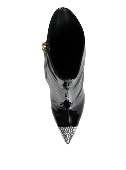 Dolce & Gabbana Black Patent Leather Crystal Heel Boots Shoes