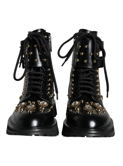 Dolce & Gabbana Black Leather Studs Embellished Combat Boots Shoes