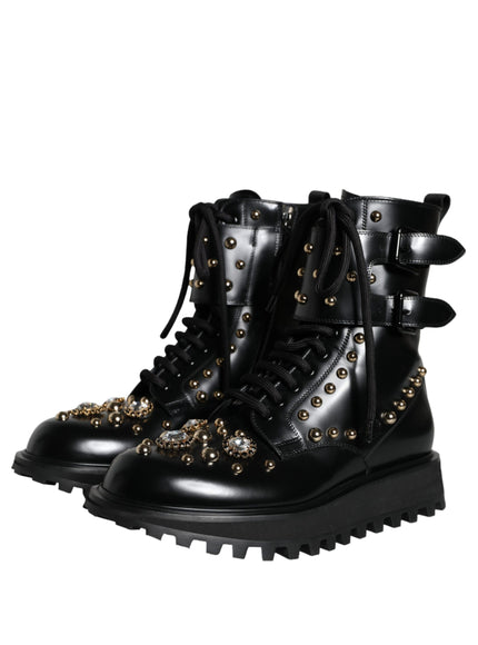 Dolce & Gabbana Black Leather Studs Embellished Combat Boots Shoes