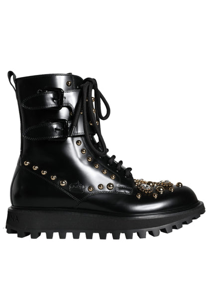 Dolce & Gabbana Black Leather Studs Embellished Combat Boots Shoes