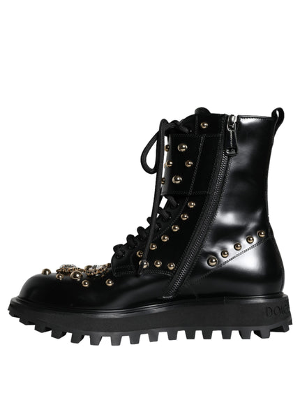 Dolce & Gabbana Black Leather Studs Embellished Combat Boots Shoes