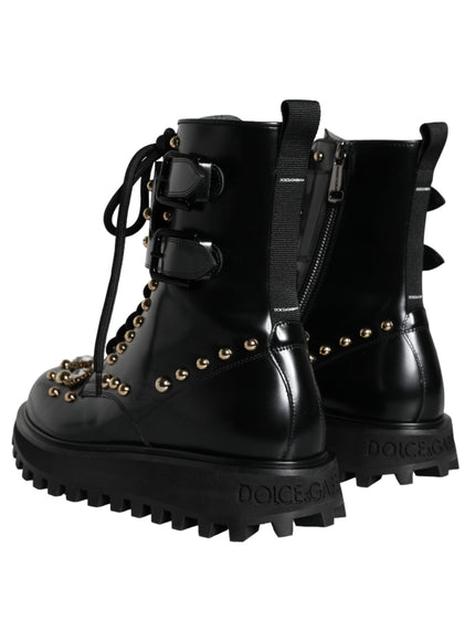 Dolce & Gabbana Black Leather Studs Embellished Combat Boots Shoes