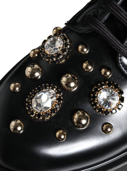 Dolce & Gabbana Black Leather Studs Embellished Combat Boots Shoes