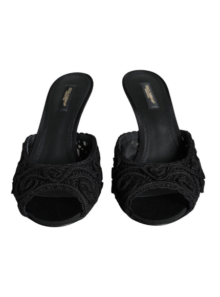 Dolce & Gabbana Black Keira Cordonetto Heels Slides Shoes