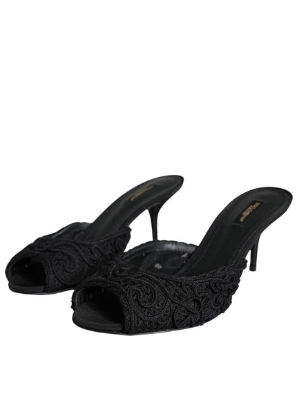 Dolce & Gabbana Black Keira Cordonetto Heels Slides Shoes