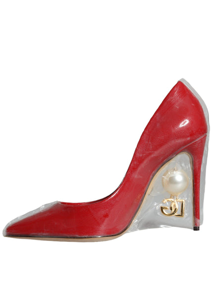 Dolce & Gabbana Red Patent Leather Faux Pearl Heels Pumps Shoes