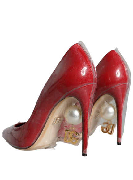 Dolce & Gabbana Red Patent Leather Faux Pearl Heels Pumps Shoes