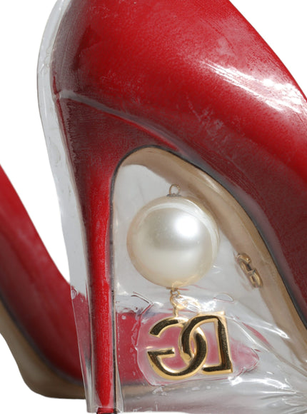 Dolce & Gabbana Red Patent Leather Faux Pearl Heels Pumps Shoes