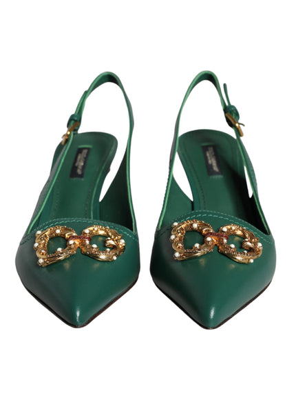 Dolce & Gabbana Dark Green DG Amore Leather Slingbacks Shoes